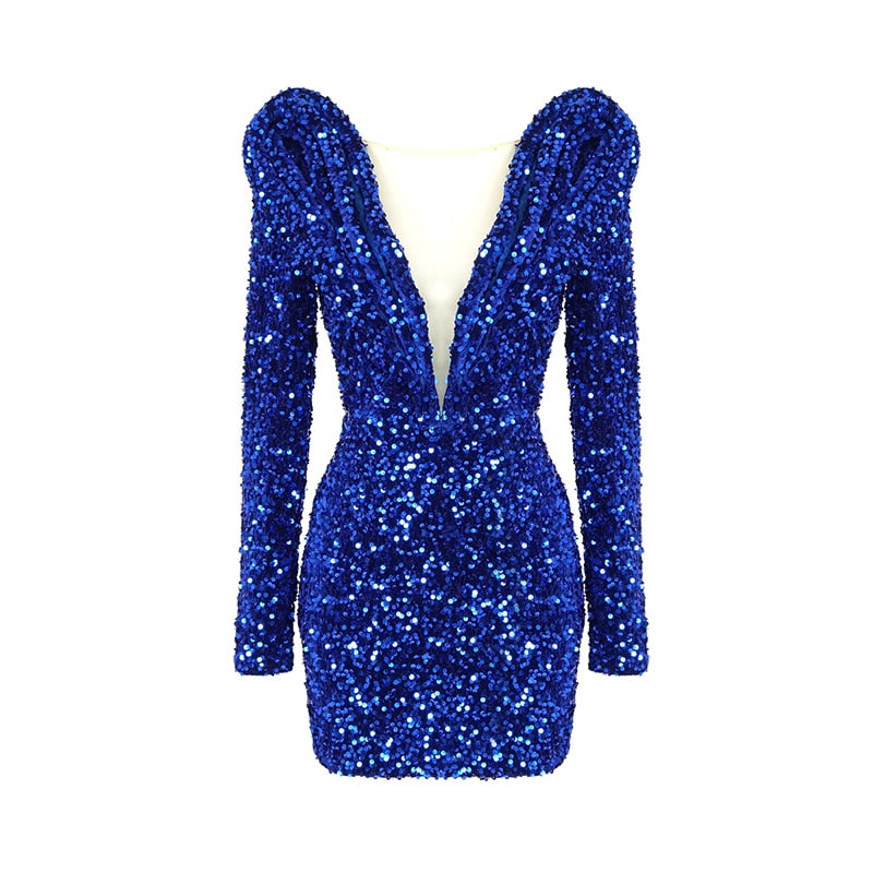 Sequined Long Sleeve V-Neck Dress - It Is What It Is & Always Will Be 