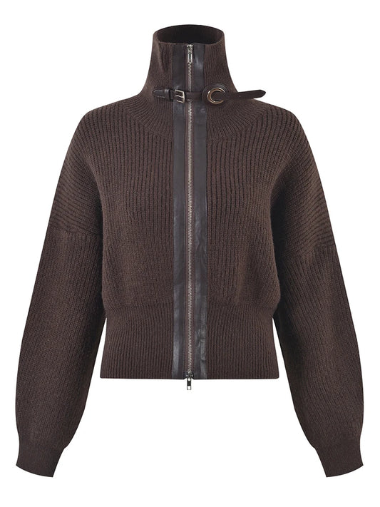 High Neck Wool Blend Zip Sweater