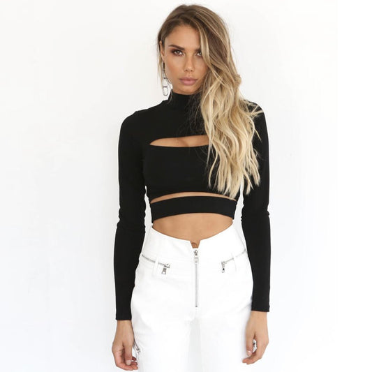 Hollow Long Sleeve Turtleneck Top