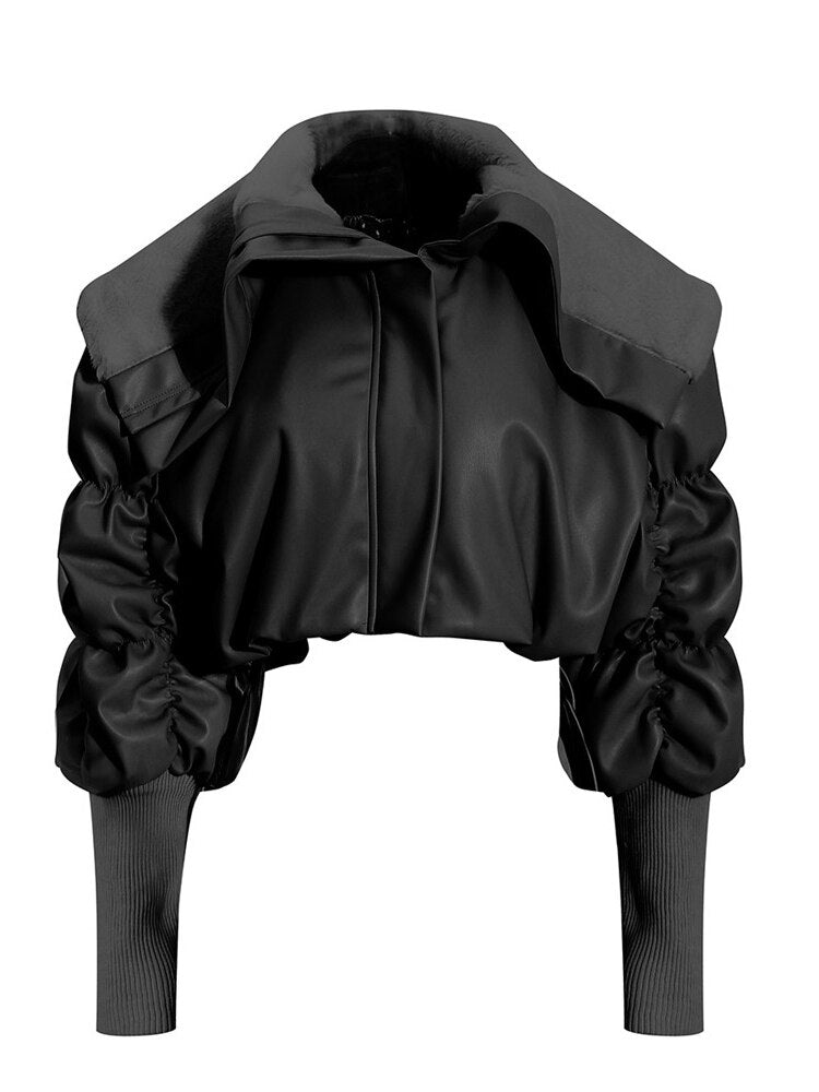 PU Leather Lapel Pleated Sleeve Jacket