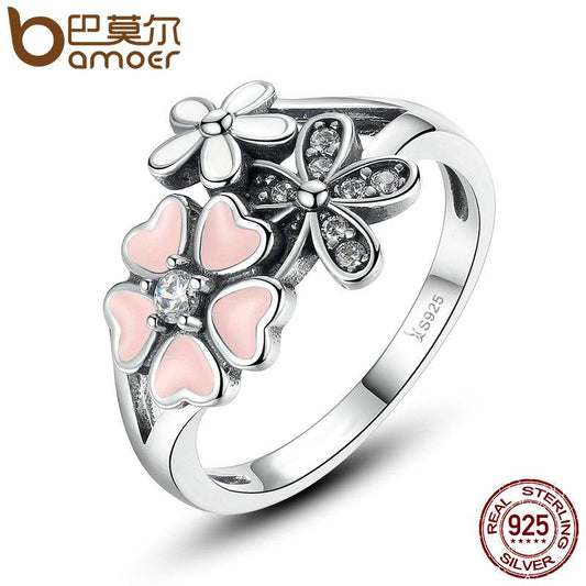 BAMOER 925 Sterling Silver Pink Flower Ring - It Is What It Is & Always Will Be 