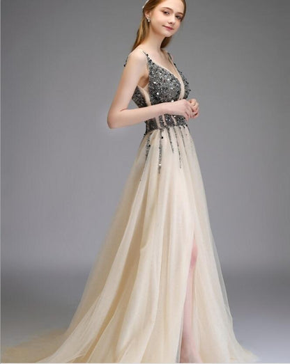 Deep V-Neck Backless Beads Crystal Gown - It Is What It Is & Always Will Be 