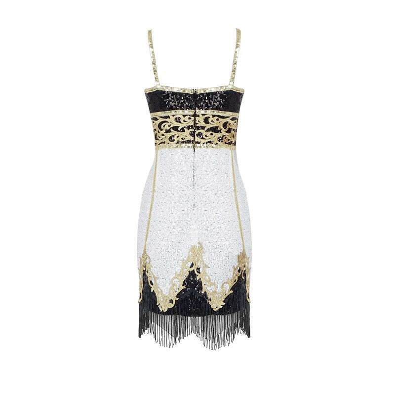 Autumn New Sleeveless Deep V Sexy Suspenders Sequins Open Back Fringed Short Skirt Dress - It Is What It Is & Always Will Be 