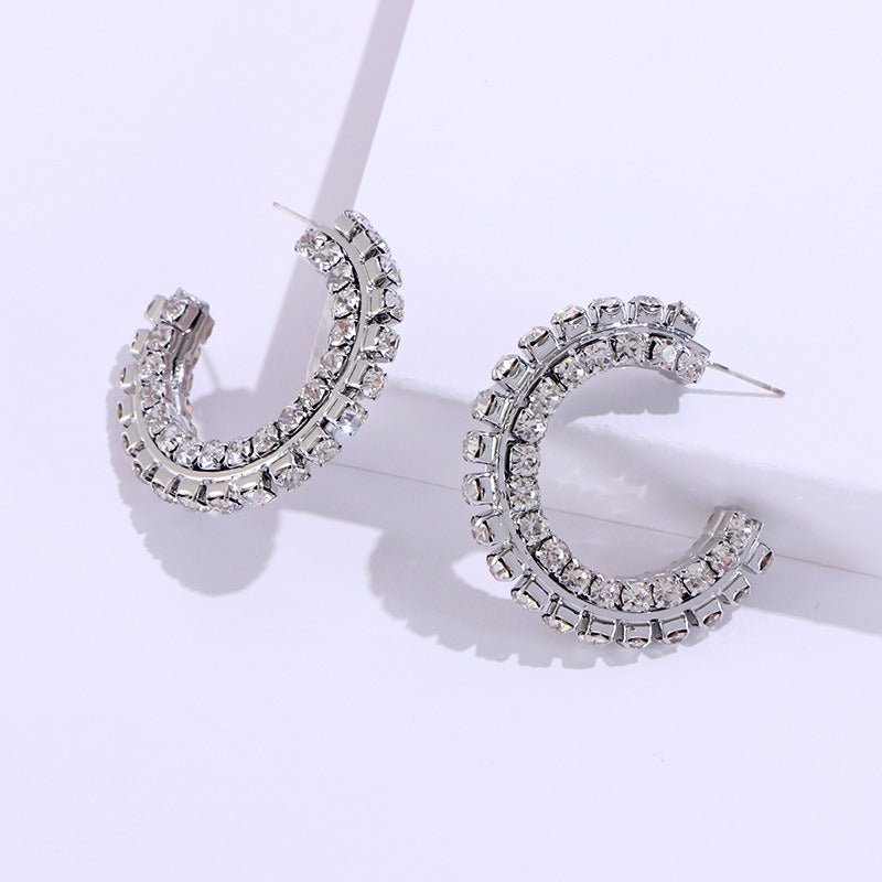 C-shaped White Stone Earrings