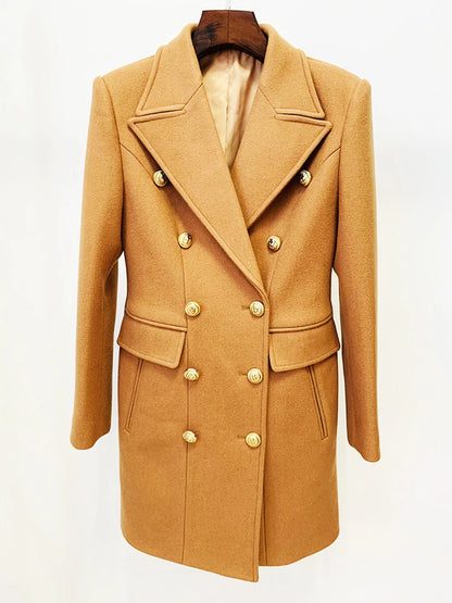 HIGH STREET Designer Women's Classic Lion Double Breasted Slim Fitting Wool Coat - It Is What It Is & Always Will Be 